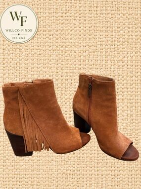 Kenneth Cole Reaction Frida World Suede Fringe Booties Brown 8M Peep Toe Women